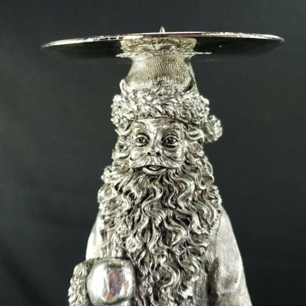 Santa Claus Pillar Candlestick Holder Silver Color Embossed‎ Christmas Holiday